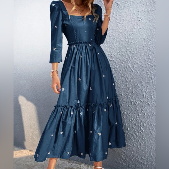 Boho Blue Floral Print Embroidered Ruffle Dress - Picture 4 of 5